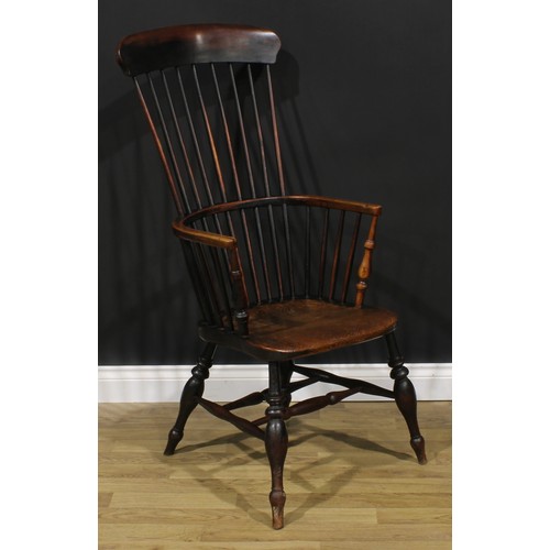 1596 - A 19th century fruitwood, elm, ash and beech Windsor elbow chair, tall tapered stick back, turned ar... 