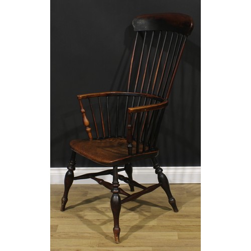 1596 - A 19th century fruitwood, elm, ash and beech Windsor elbow chair, tall tapered stick back, turned ar... 