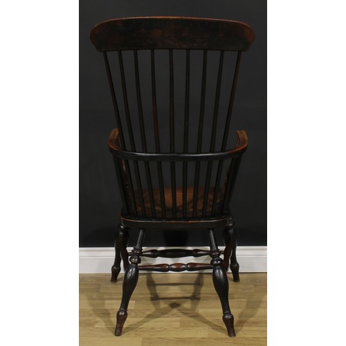 1596 - A 19th century fruitwood, elm, ash and beech Windsor elbow chair, tall tapered stick back, turned ar... 