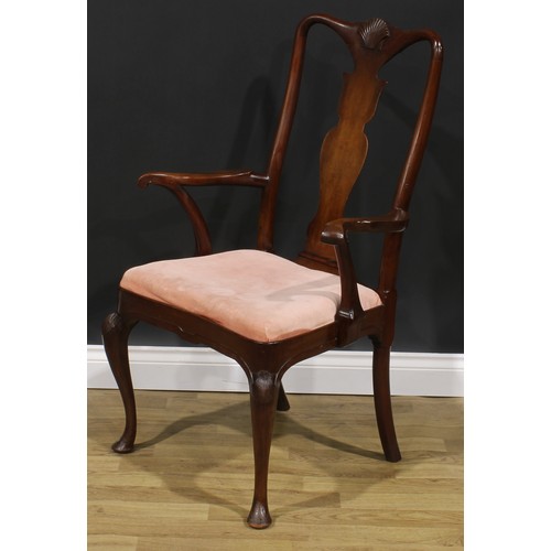 1739 - A George II Revival mahogany elbow chair, in the Irish taste, shaped cresting rail and cabriole fore... 