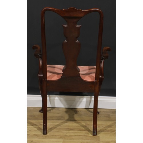 1739 - A George II Revival mahogany elbow chair, in the Irish taste, shaped cresting rail and cabriole fore... 