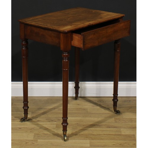 2497 - A George/William IV mahogany side table, rounded rectangular top above a flush frieze drawer, turned... 