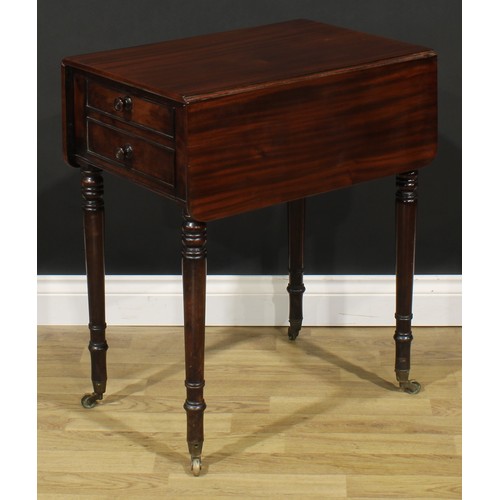 2487 - A George IV mahogany Pembroke occasional table, rounded rectangular top with fall leaves above a fal... 