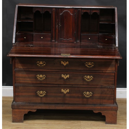 2062 - An unusual George II/early III laburnum bureau, fall front enclosing a cupboard flanked by secret co... 