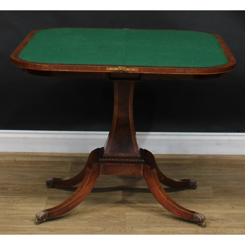 2367 - A Regency Revival mahogany D-shaped card table, hinged crossbanded top enclosing a baize lined playi... 