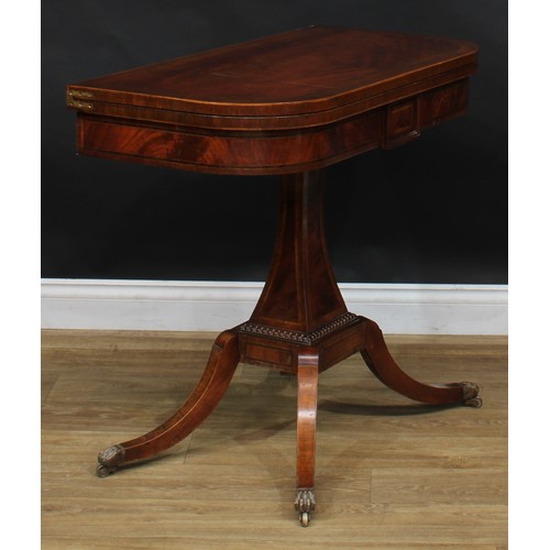 2367 - A Regency Revival mahogany D-shaped card table, hinged crossbanded top enclosing a baize lined playi... 