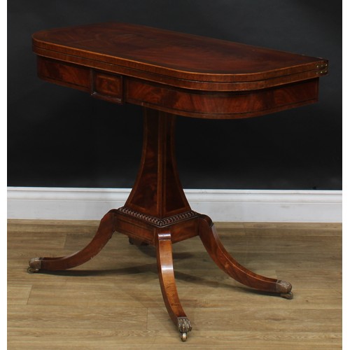 2367 - A Regency Revival mahogany D-shaped card table, hinged crossbanded top enclosing a baize lined playi... 