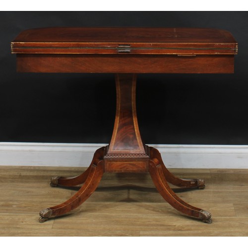 2367 - A Regency Revival mahogany D-shaped card table, hinged crossbanded top enclosing a baize lined playi... 