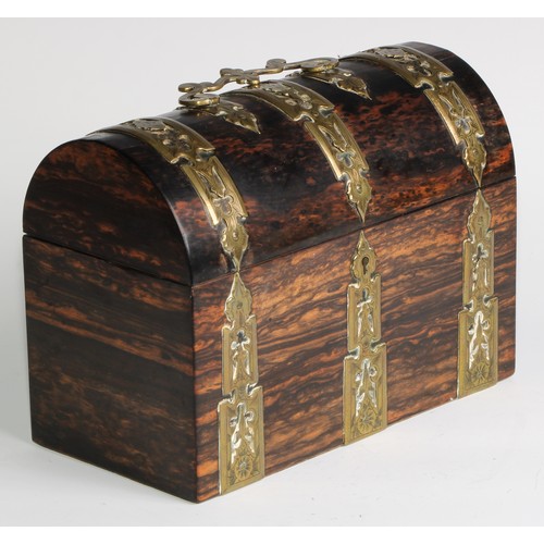 1831 - A Victorian coromandel domed rectangular stationery box, applied with gilt brass Gothic cut-card wor... 