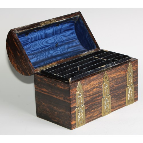 1831 - A Victorian coromandel domed rectangular stationery box, applied with gilt brass Gothic cut-card wor... 