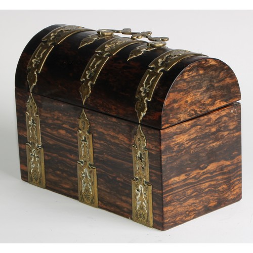 1831 - A Victorian coromandel domed rectangular stationery box, applied with gilt brass Gothic cut-card wor... 