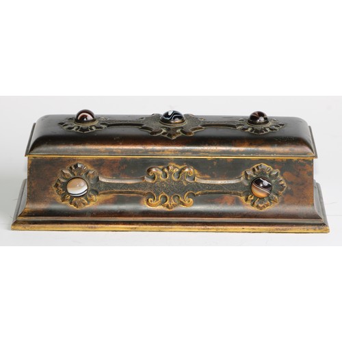 1553 - A 19th century agate mounted gilt brass sewing casket, applied with engraved Gothic cut-card work, h... 