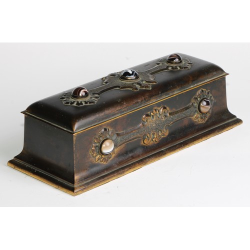 1553 - A 19th century agate mounted gilt brass sewing casket, applied with engraved Gothic cut-card work, h... 