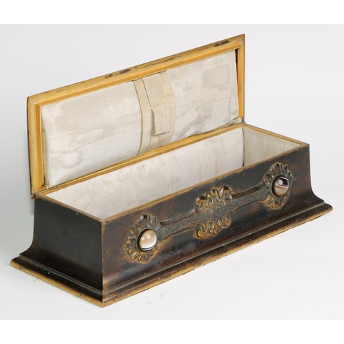 1553 - A 19th century agate mounted gilt brass sewing casket, applied with engraved Gothic cut-card work, h... 