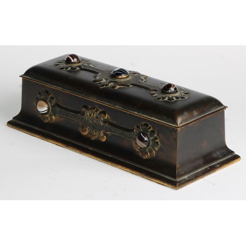 1553 - A 19th century agate mounted gilt brass sewing casket, applied with engraved Gothic cut-card work, h... 