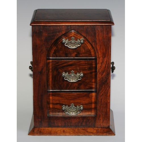 2607 - A Victorian walnut table top cabinet, slightly oversailing top above a pointed arched bevelled glaze... 