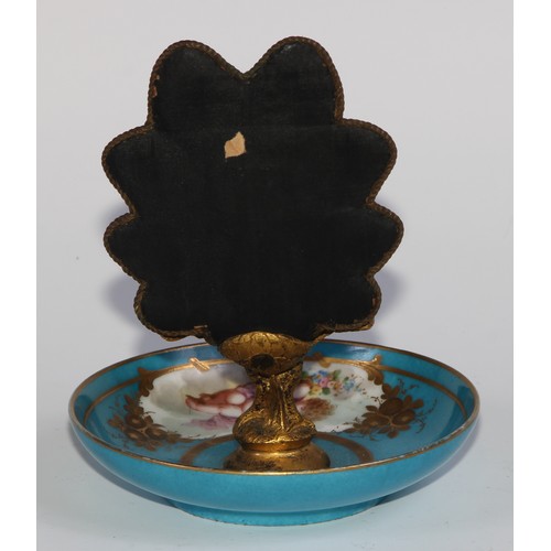 2452 - A French Palais Royal gilt bronze and porcelain pin cushion, as a peacock, embroidered tail, the dis... 