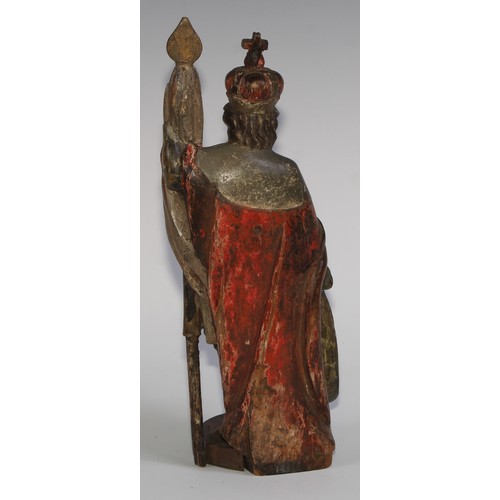 1676 - A Baroque carved and polychrome painted softwood figure, of a king, 29cm high, 18th/19th century