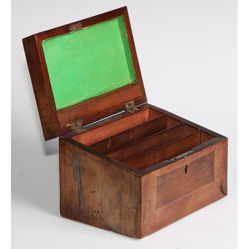 1672 - A 19th century Irish yew and arbutus wood stationery box, hinged sloping cover enclosing a fitted in... 