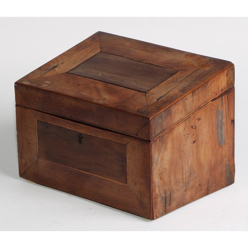 1672 - A 19th century Irish yew and arbutus wood stationery box, hinged sloping cover enclosing a fitted in... 