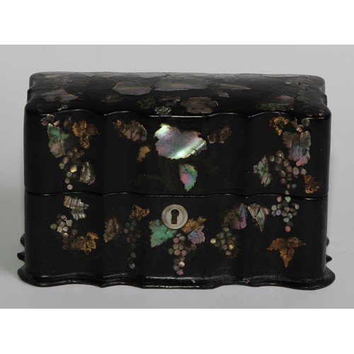 2593 - A Victorian papier mache shaped serpentine scent casket, inlaid with abalone shell, hinged cover enc... 