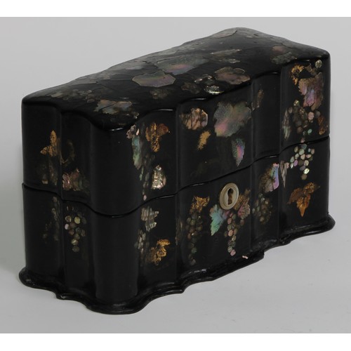 2593 - A Victorian papier mache shaped serpentine scent casket, inlaid with abalone shell, hinged cover enc... 