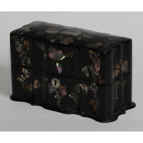 2593 - A Victorian papier mache shaped serpentine scent casket, inlaid with abalone shell, hinged cover enc... 