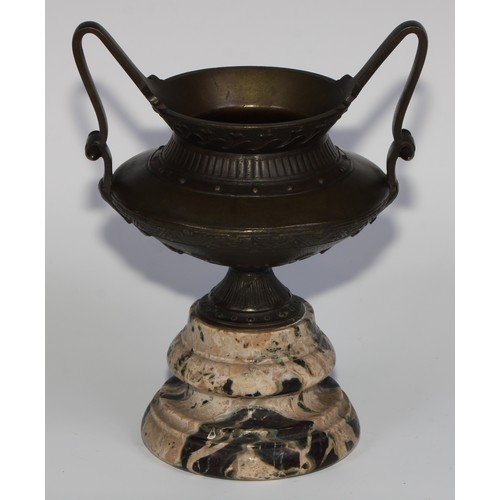 1671 - A 19th century Grecian Revival brown patinated bronze two-handled urn, turned veined marble base, 21... 