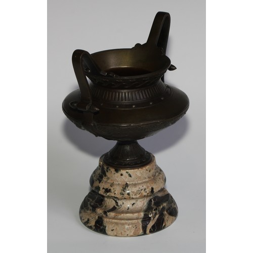 1671 - A 19th century Grecian Revival brown patinated bronze two-handled urn, turned veined marble base, 21... 