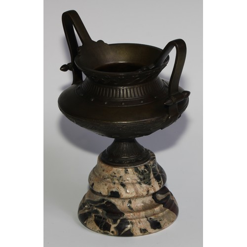 1671 - A 19th century Grecian Revival brown patinated bronze two-handled urn, turned veined marble base, 21... 