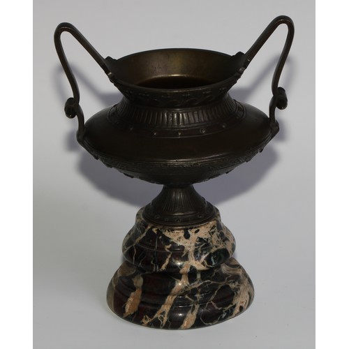 1671 - A 19th century Grecian Revival brown patinated bronze two-handled urn, turned veined marble base, 21... 