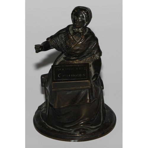 1559 - A 19th century dark patinated bronze novelty so-to-bed or table vesta, as a match girl, the box on h... 