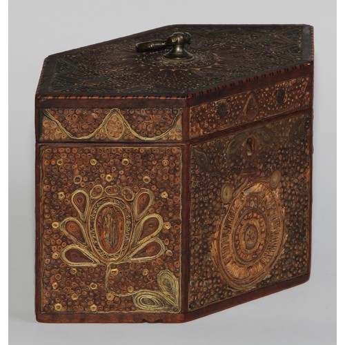 1683 - A George III rolled paper quill work lozenge shaped tea caddy, hinged cover with brass axehead handl... 