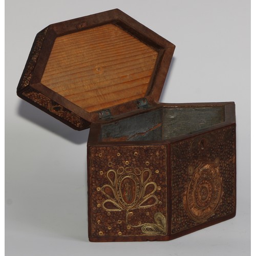 1683 - A George III rolled paper quill work lozenge shaped tea caddy, hinged cover with brass axehead handl... 