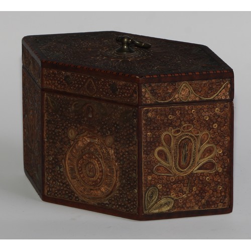 1683 - A George III rolled paper quill work lozenge shaped tea caddy, hinged cover with brass axehead handl... 