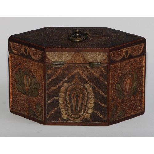 1683 - A George III rolled paper quill work lozenge shaped tea caddy, hinged cover with brass axehead handl... 