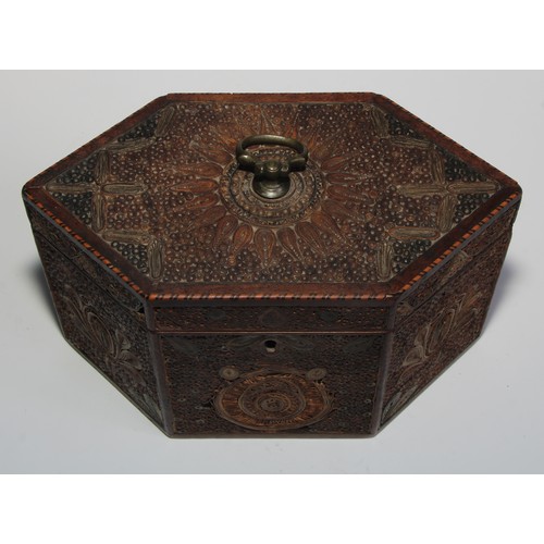 1683 - A George III rolled paper quill work lozenge shaped tea caddy, hinged cover with brass axehead handl... 