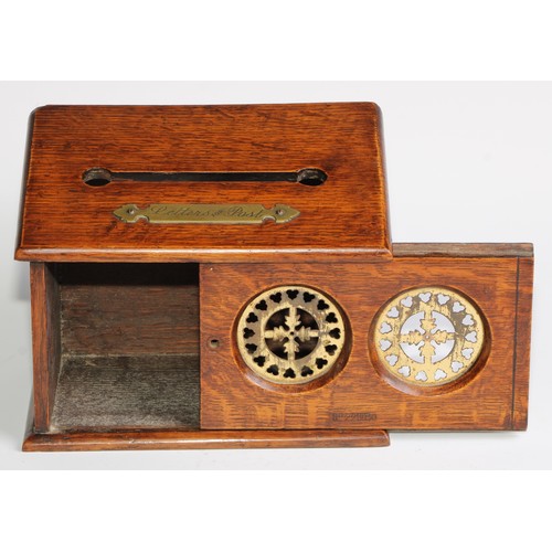 1829 - A Victorian Aesthetic Movement oak country house letter box, sloping top with labelled aperture Lett... 