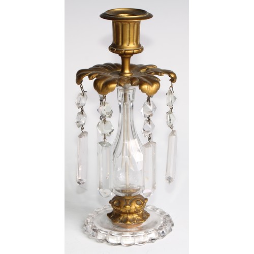 1816 - A pair of 19th century gilt bronze and clear glass candle lustres, each with fluted campana sconce a... 