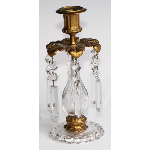 1816 - A pair of 19th century gilt bronze and clear glass candle lustres, each with fluted campana sconce a... 