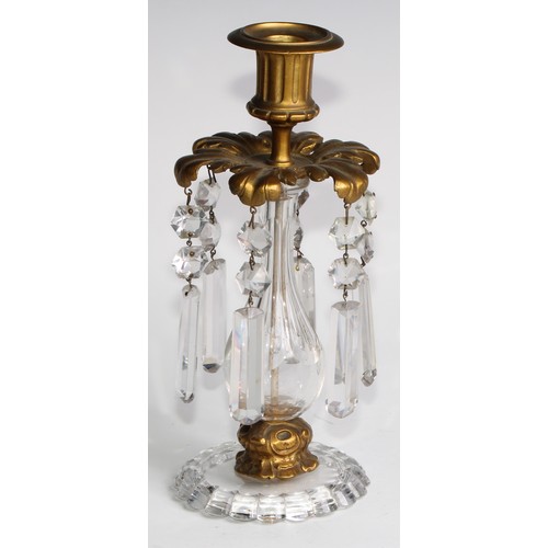 1816 - A pair of 19th century gilt bronze and clear glass candle lustres, each with fluted campana sconce a... 