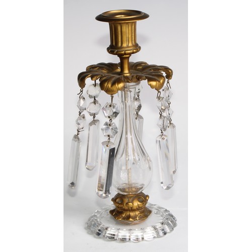 1816 - A pair of 19th century gilt bronze and clear glass candle lustres, each with fluted campana sconce a... 