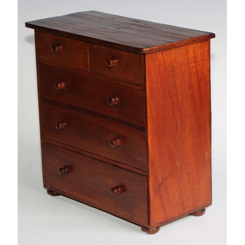 2723 - Miniature Furniture - a chest of two short and three long graduated drawers, oversailing top, turned... 