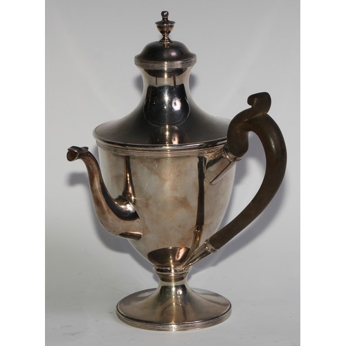 819 - A Neo-Classical silver plated urnular side-handled coffee pot, lofty cover with urn finial, reeded b... 