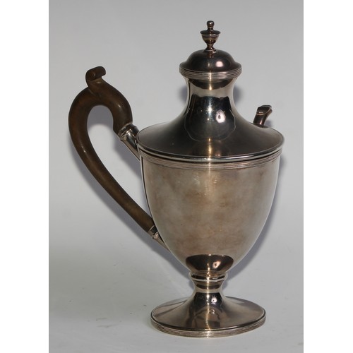 819 - A Neo-Classical silver plated urnular side-handled coffee pot, lofty cover with urn finial, reeded b... 