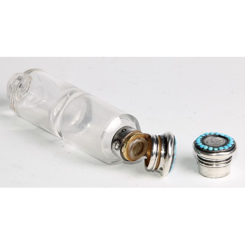 1095 - A Victorian silver mounted double-ended scent bottle, hinged and screw-fitting covers set with bands... 