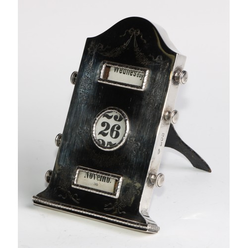 1160 - An Edwardian silver arched rectangular easel perpetual desk calendar, engraved in the Neo-Classical ... 