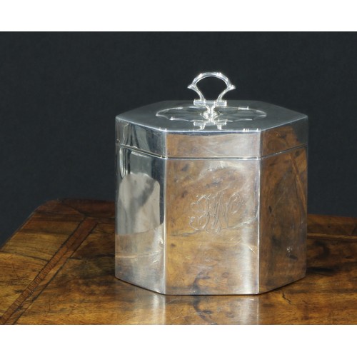 1167 - An Edwardian silver lozenge shaped tea caddy, of George III design, hinged cover with batwing patera... 