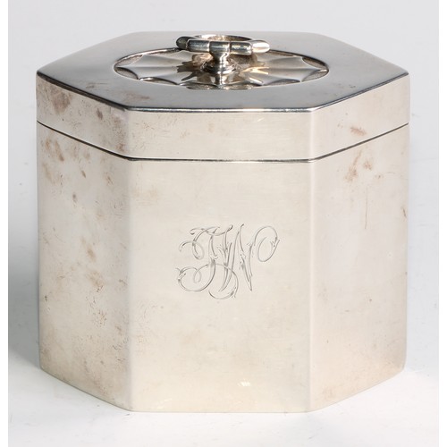 1167 - An Edwardian silver lozenge shaped tea caddy, of George III design, hinged cover with batwing patera... 