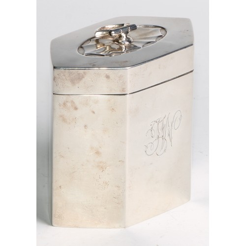 1167 - An Edwardian silver lozenge shaped tea caddy, of George III design, hinged cover with batwing patera... 